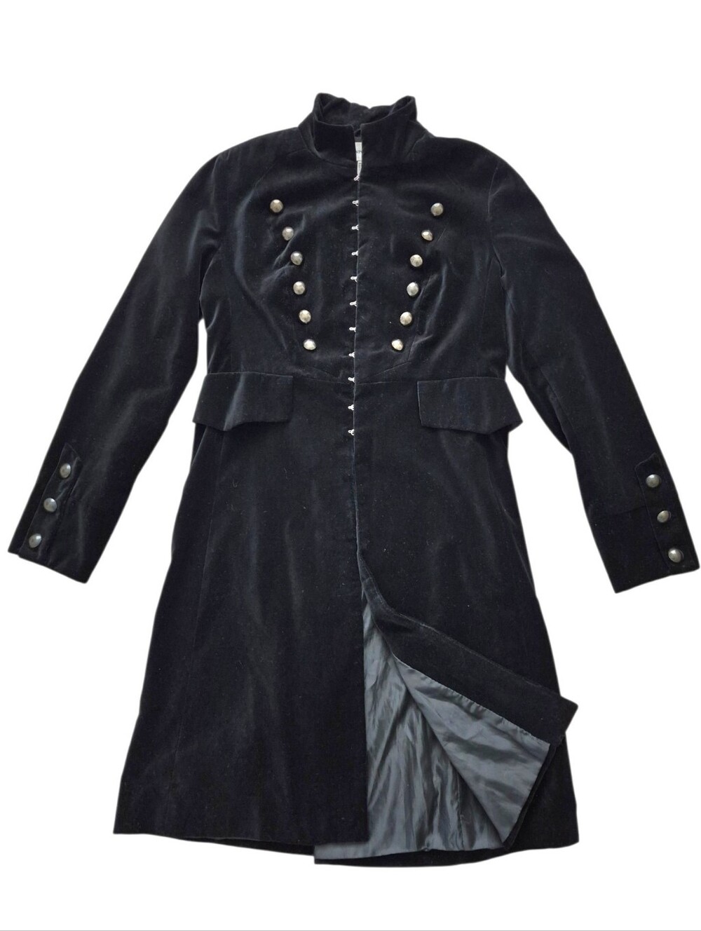 Vintage Black Velvet Military Goth Steampunk Victorian Long Coat Jacket 12